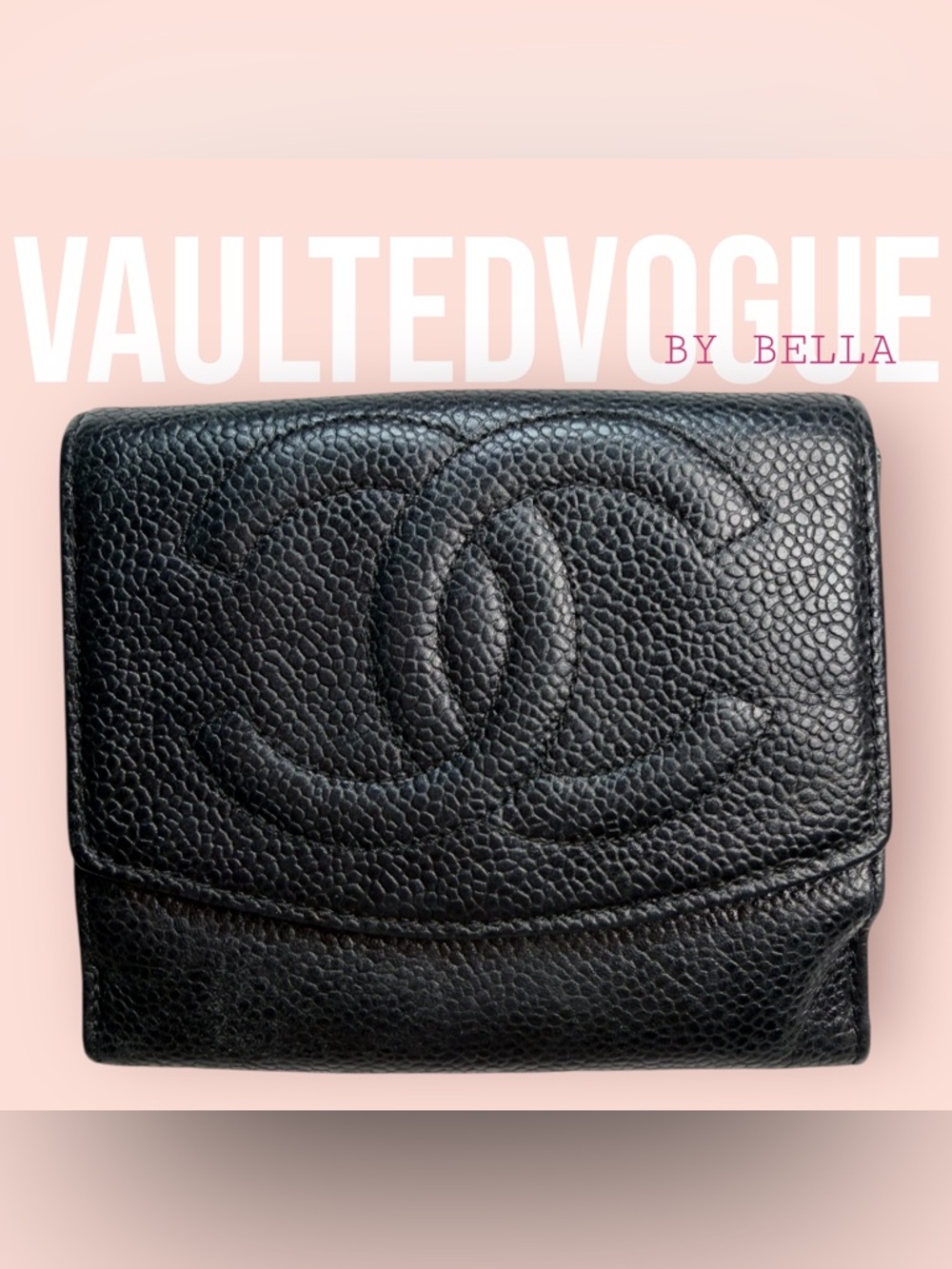 Chanel Black Caviar Leather Compact Wallet Large CC Logo Authentic